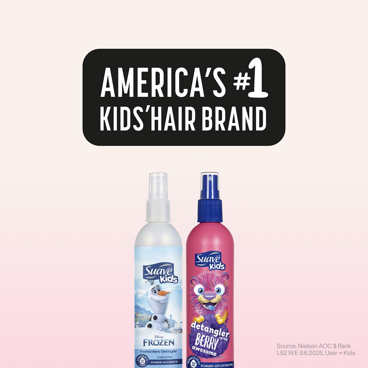 Suave bottles on bathroom counter in family setting showing ready-to-use kids grooming benefit