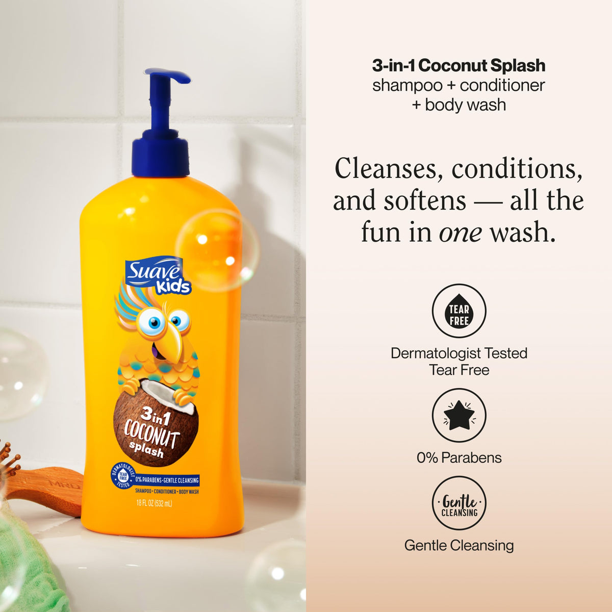 suave pump dispenser detail for tidy, easy bath-time use