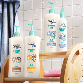 Finley character on Suave Kids bottle encouraging imaginative bath play