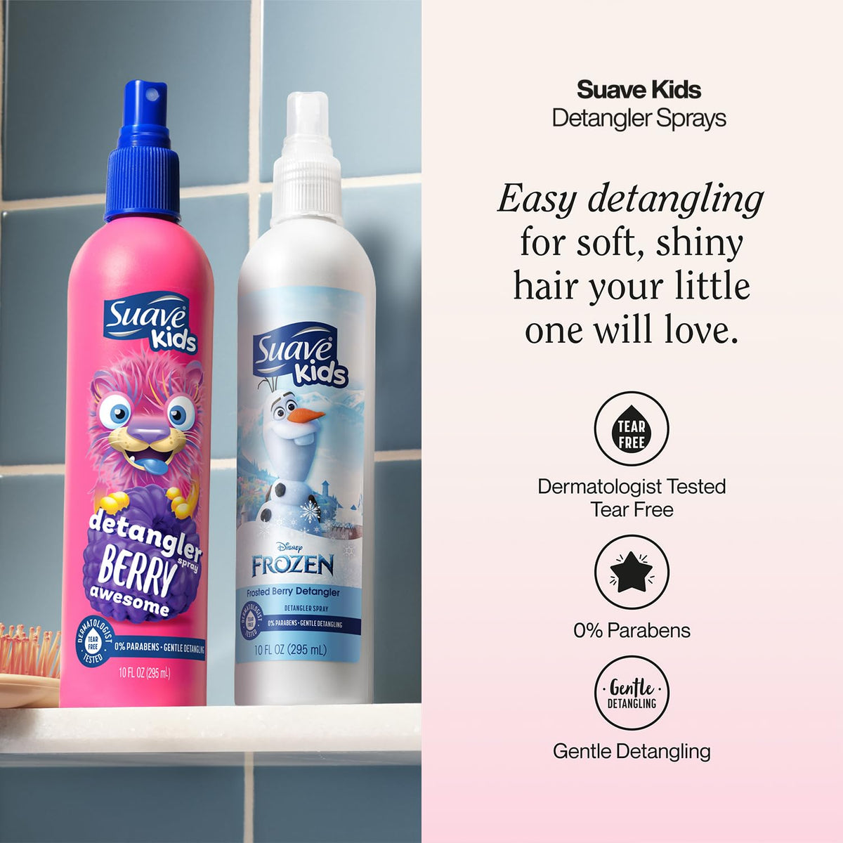 Suave side label close-up displaying ingredient callouts and safety testing for gentle use