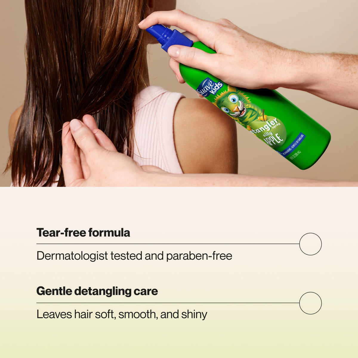 Suave Kids Silly Apple spray action demonstrating easy application benefit