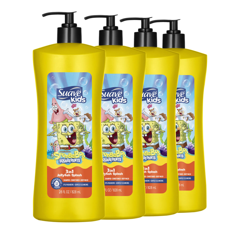 Suave Kids front packaging showing SpongeBob design and 28 oz pump benefit