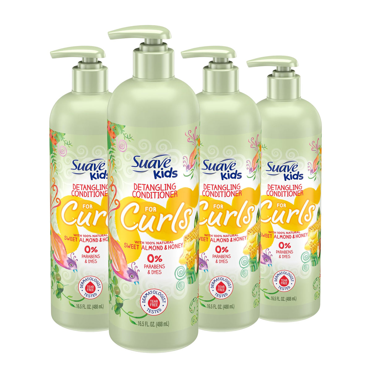 Suave Kids front packaging showing Sweet Almond & Honey conditioner and family-friendly design benefits gentle care