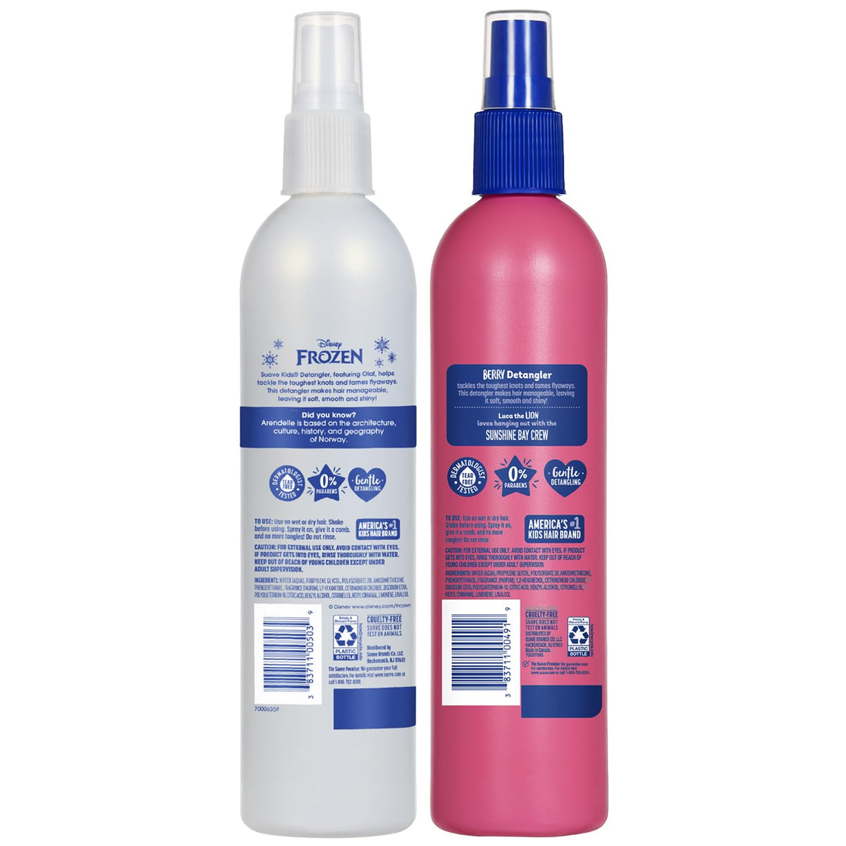 Two Suave detangler bottles together highlighting variety pack and scent options for choice