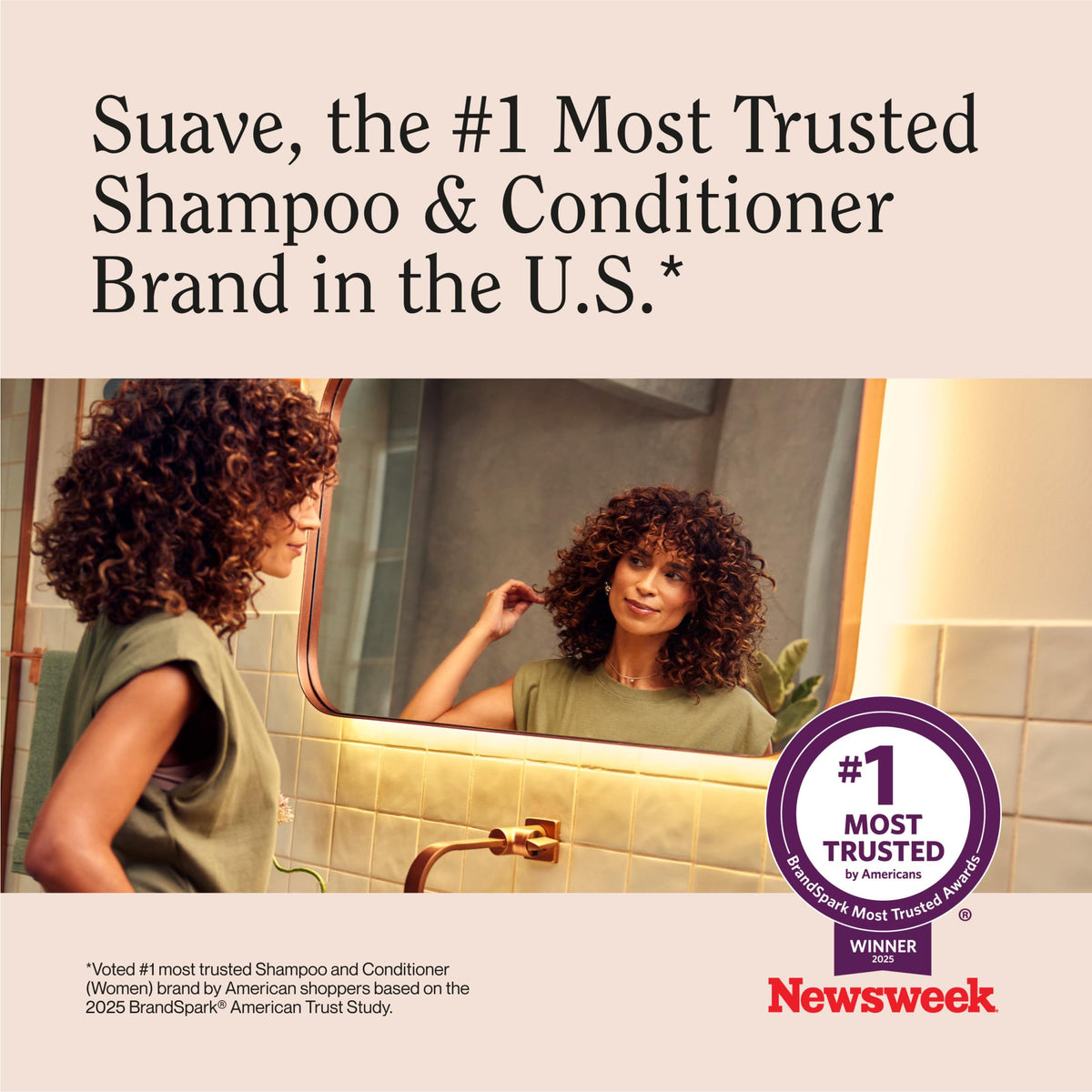Suave on bathroom shelf lifestyle shot promoting daily use convenience