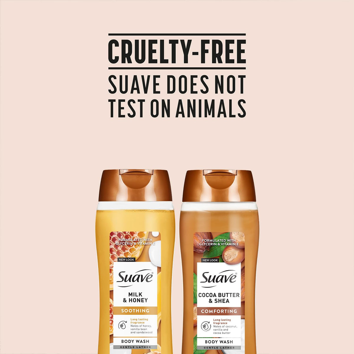Suave on bathroom shelf styled scene showing fragrant routine benefit