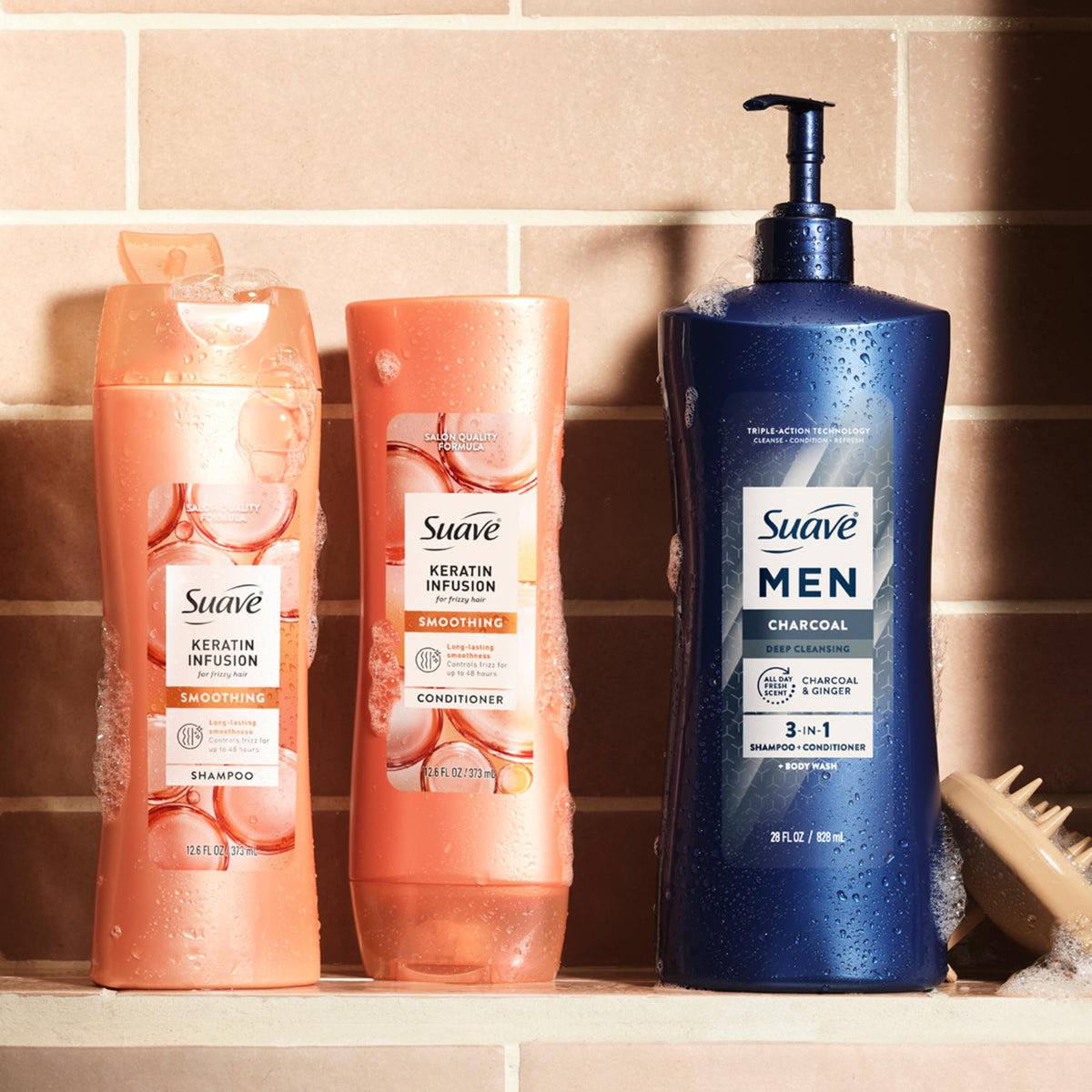 Suave men bottles stored in bathroom showing value pack convenience