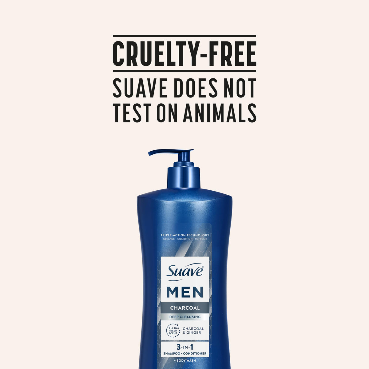 Suave men bottle beside hand showing 28 fl oz size scale