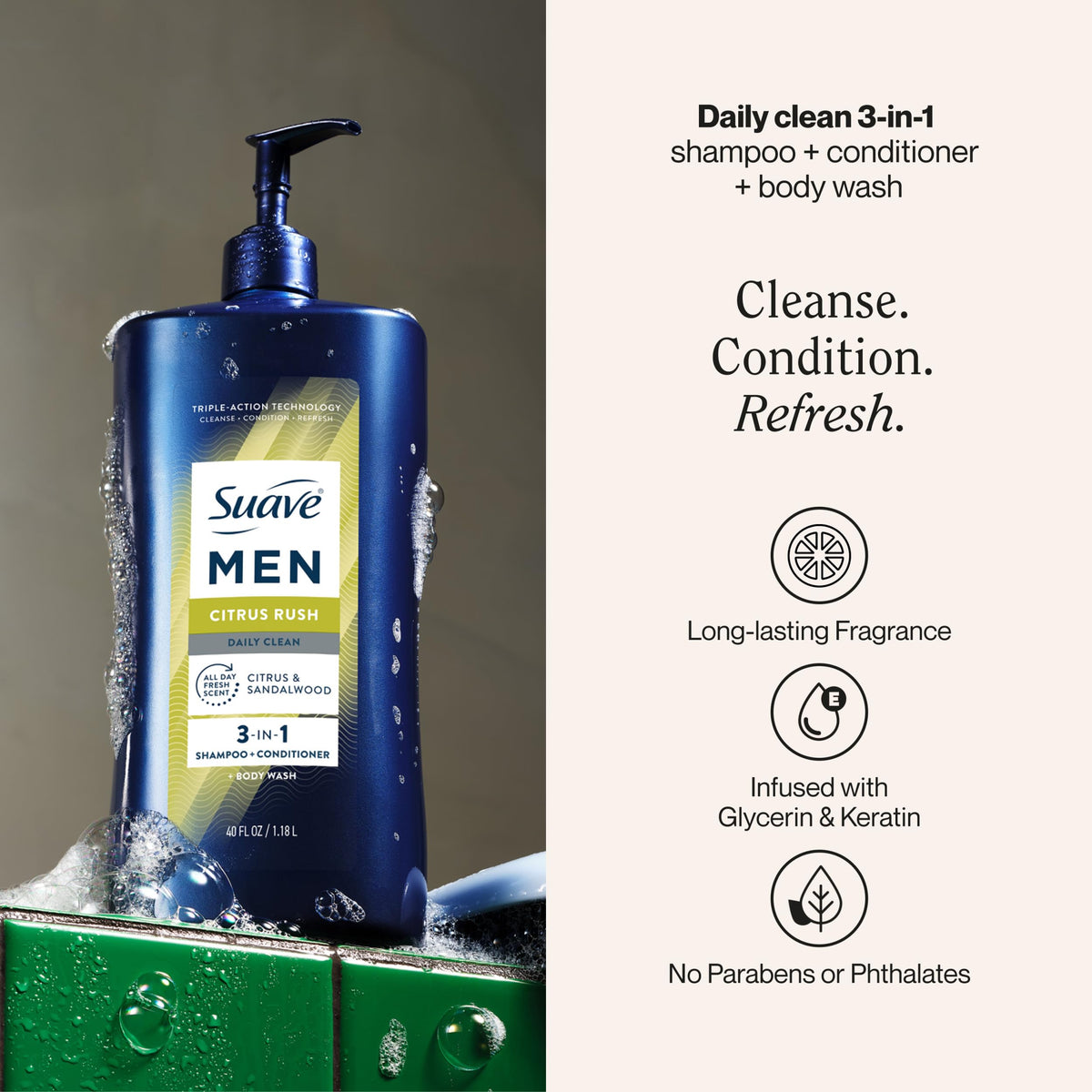 Suave Men back label close-up with ingredients and usage directions benefit