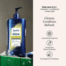 Suave Men back label close-up with ingredients and usage directions benefit
