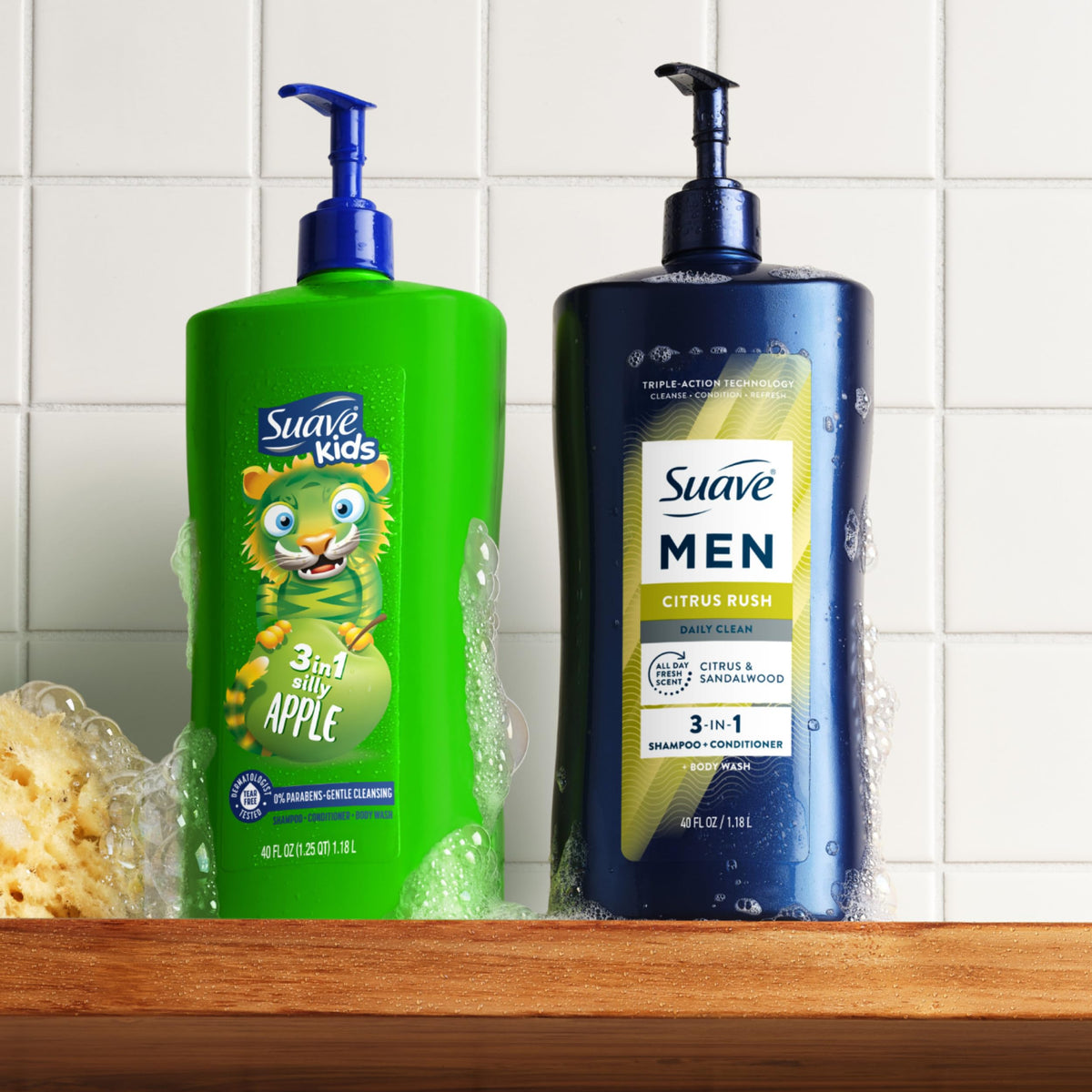 Citrus fruits and sandalwood beside Suave Men to show fragrance notes and energizing benefit