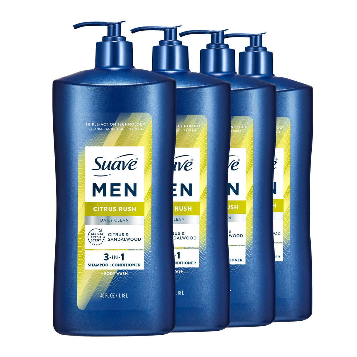 Suave Men front pump bottle showing label and easy dispensing benefit