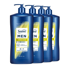 Suave Men front pump bottle showing label and easy dispensing benefit