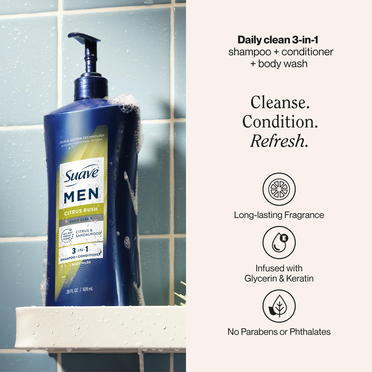 Suave Men Citrus Rush label close-up highlighting ingredients and scent