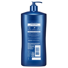 Suave Men bottle next to hand to show 40 fl oz scale and long-lasting supply benefit