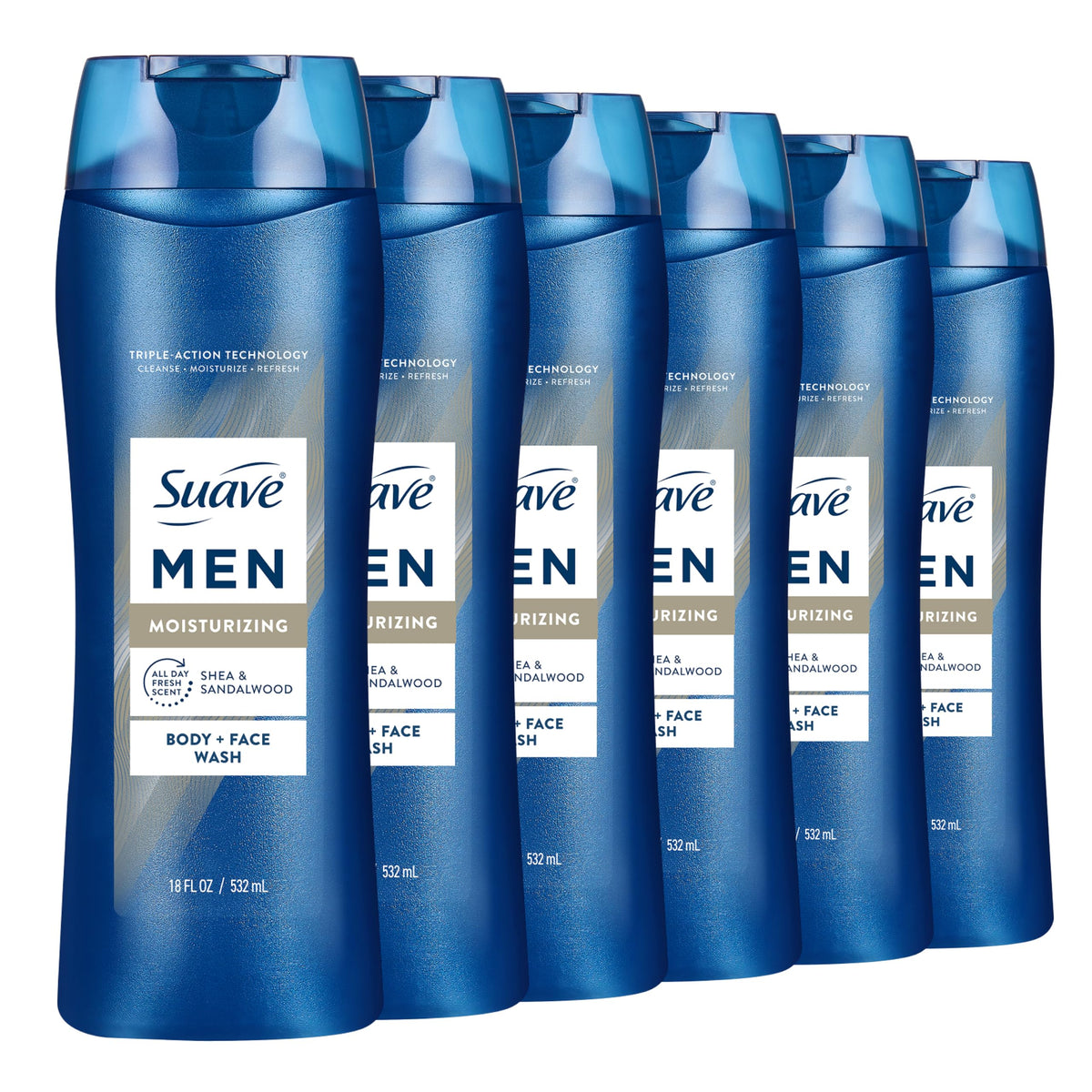 Suave bottle front packaging showing shea and sandalwood scent benefit