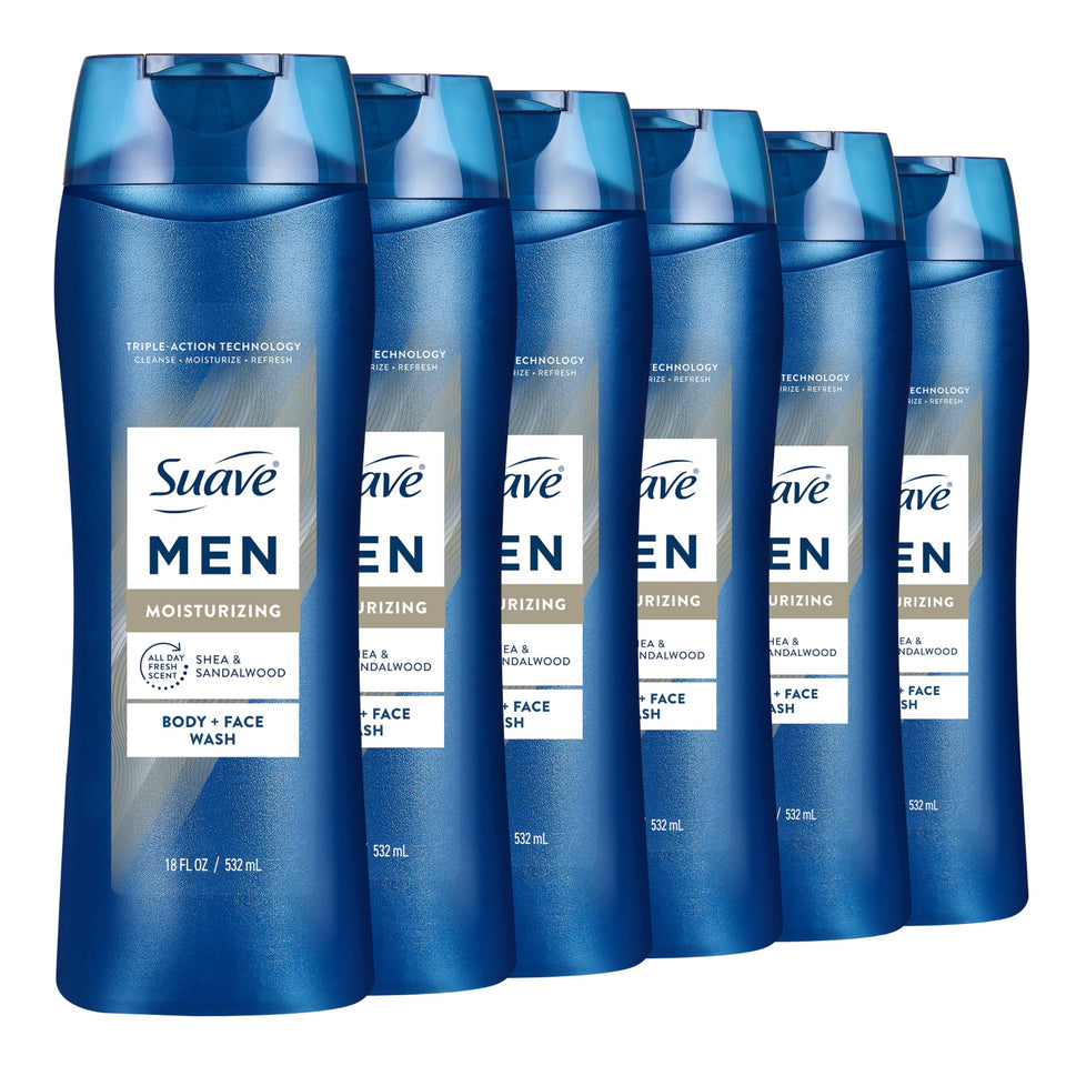 Suave bottle front packaging showing shea and sandalwood scent benefit