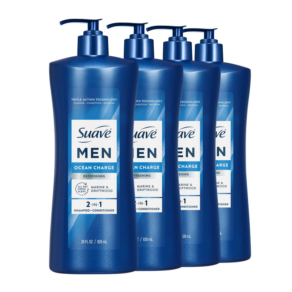 Suave front packaging showing ocean charge 2-in-1 benefits and pump
