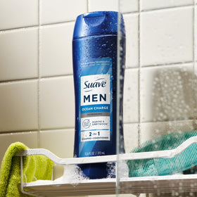 Suave bottle on bathroom shelf in lifestyle scene signaling routine-ready benefit