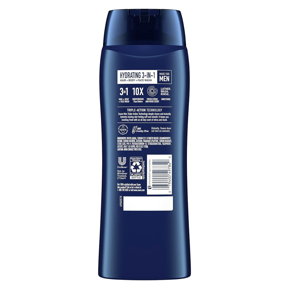 Suave Men label and pump detail highlighting recycled plastic benefit
