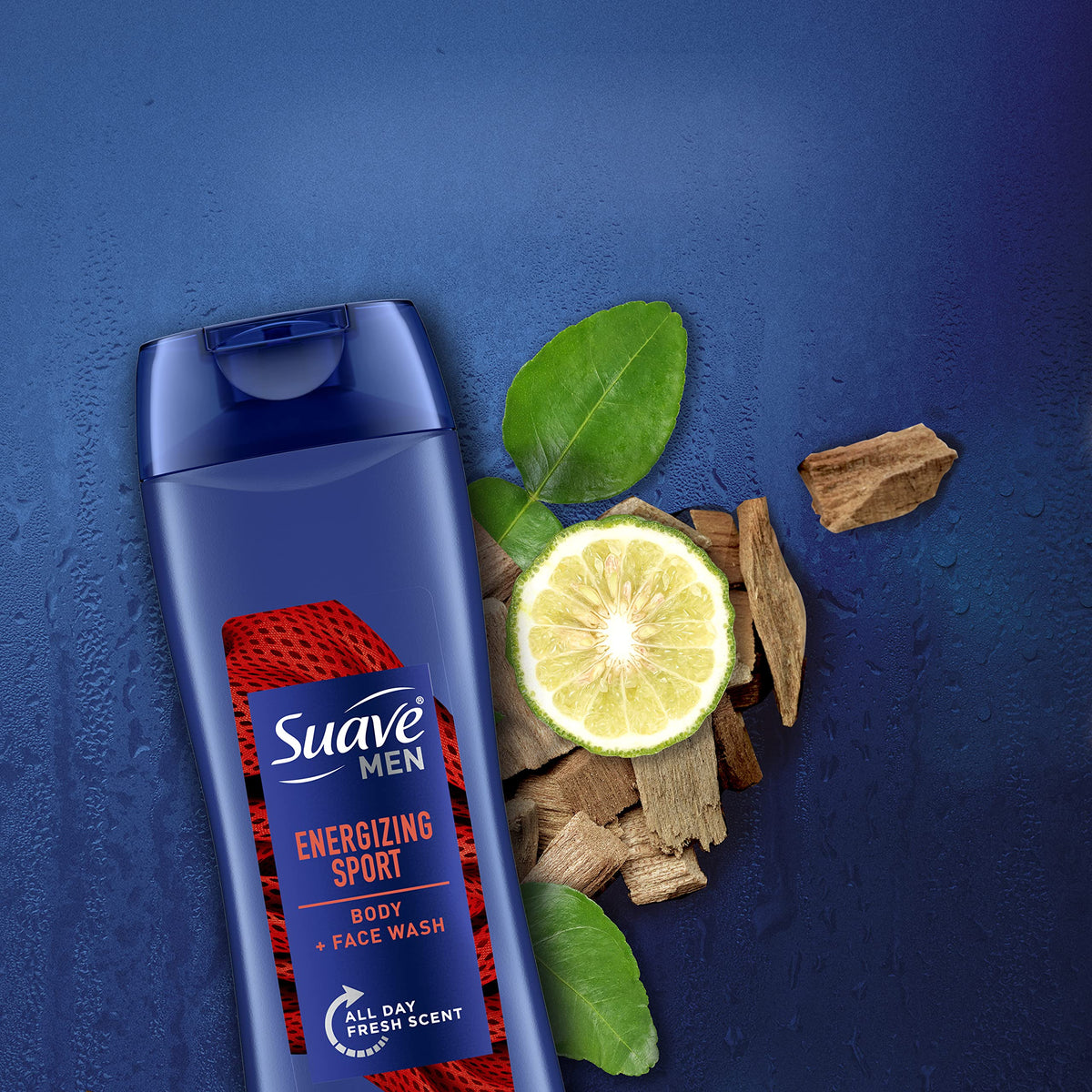 Close view of Suave Men sport label highlighting ingredients and usage directions