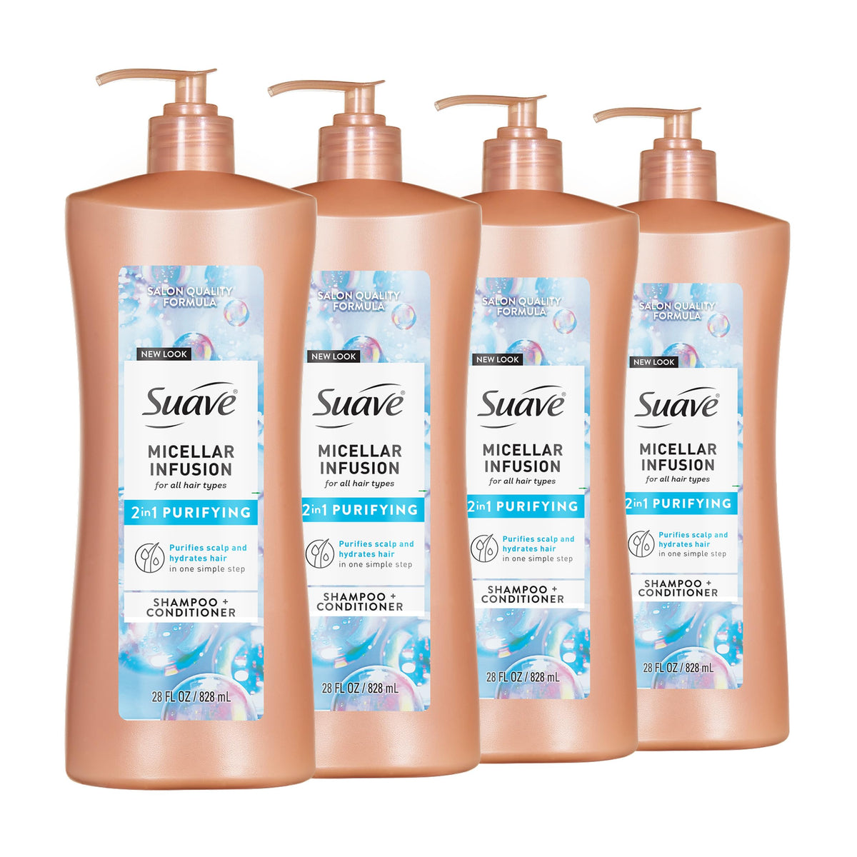 Suave micellar infusion front pump bottle showing brand and sleek packaging for easy dispensing