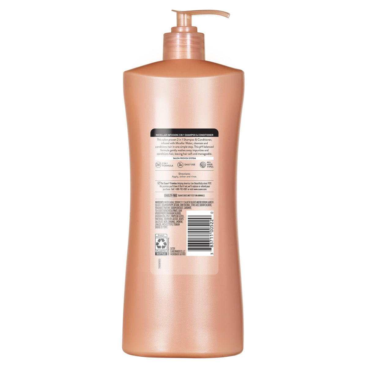 Suave micellar infusion in shower setting being applied to wet hair for quick daily routine