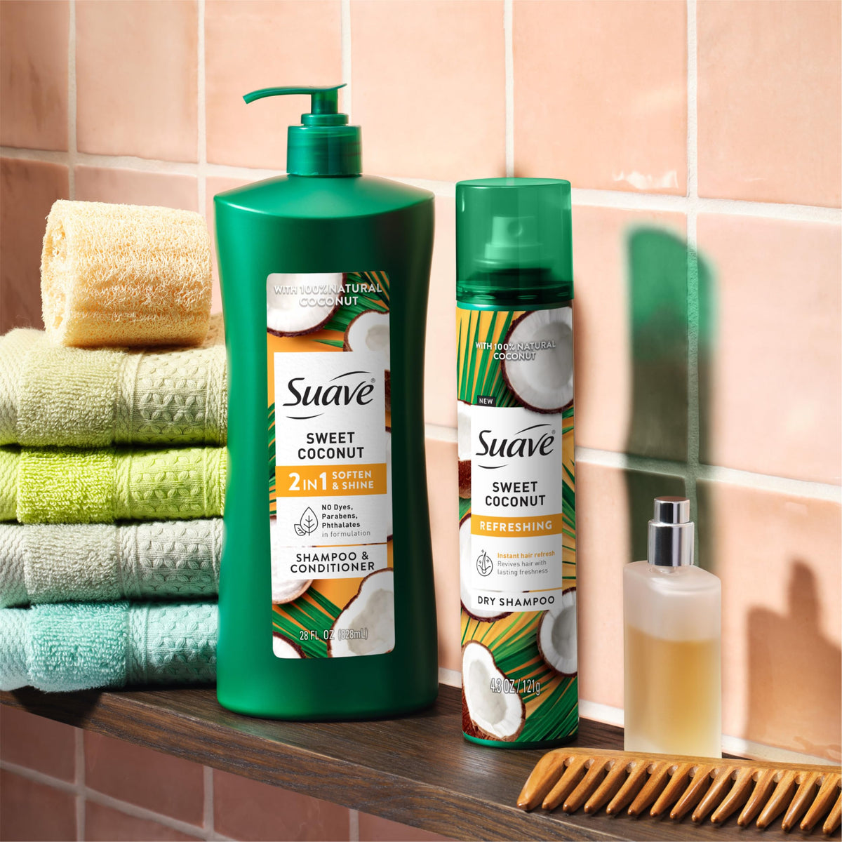 Four Suave bottles together showing the convenient 4-pack value