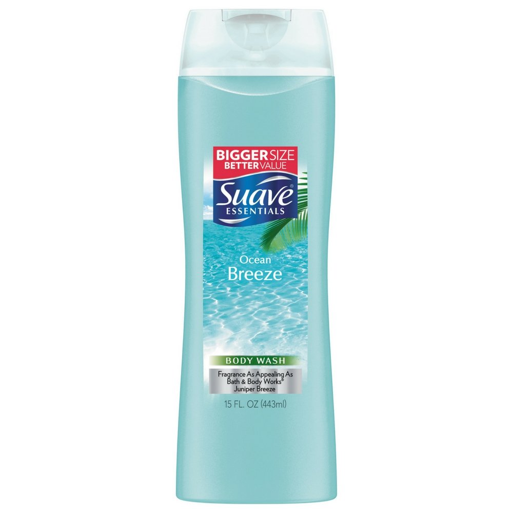 Suave bottle front view showing Ocean Breeze label and benefits