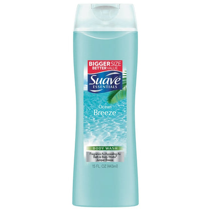 Suave bottle front view showing Ocean Breeze label and benefits
