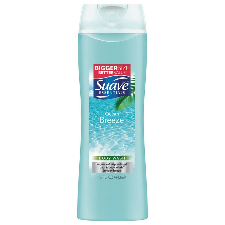 Suave bottle front view showing Ocean Breeze label and benefits