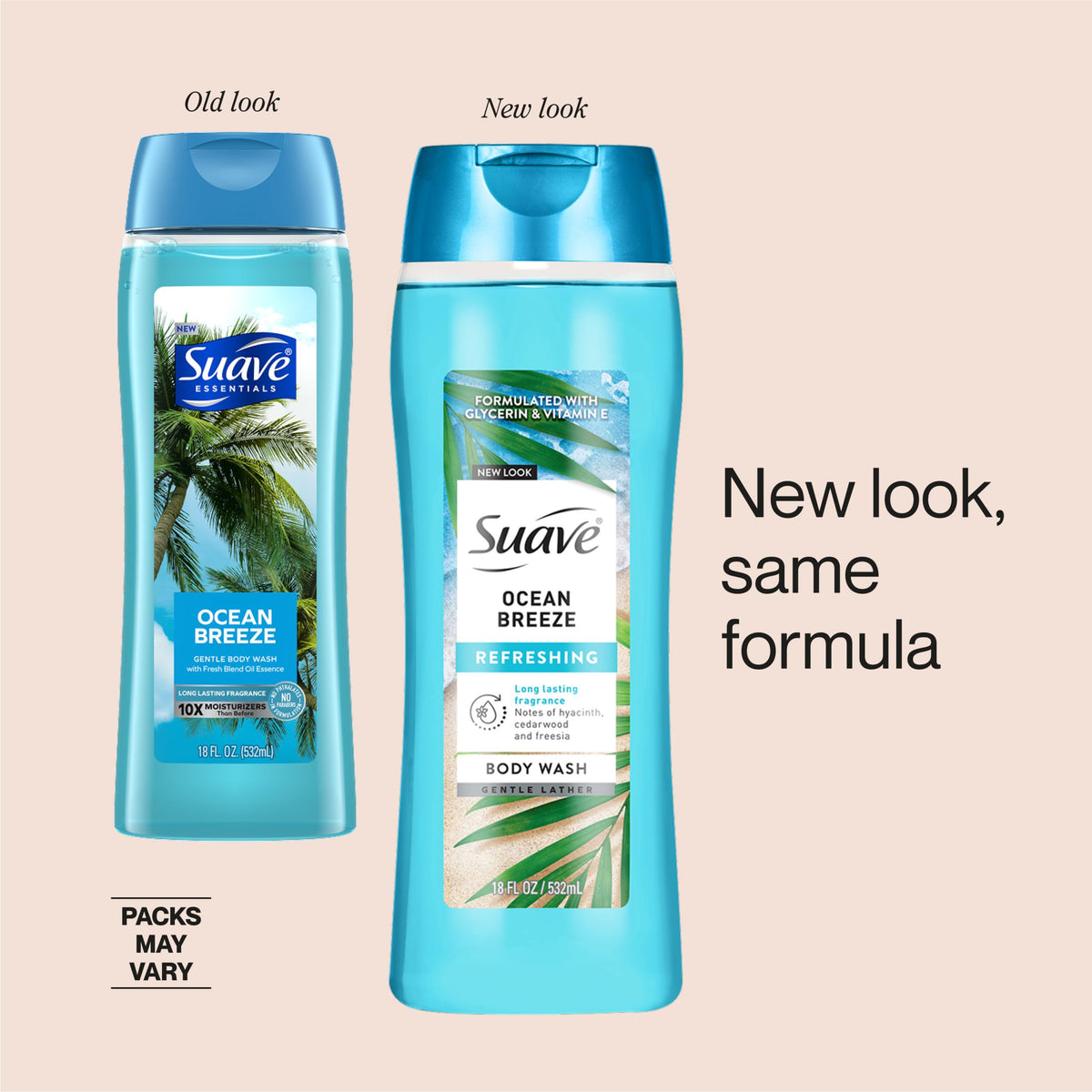 Suave bottle held in hand for scale showing convenient 18 fl oz size