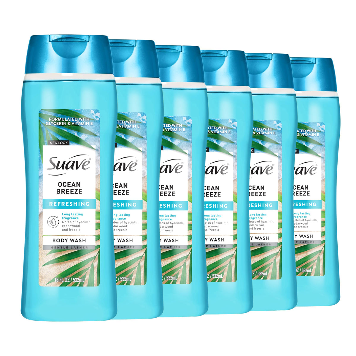 Suave front packaging showing Ocean Breeze bottle and branding benefits