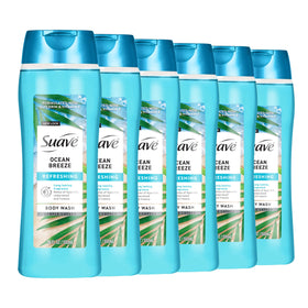 Suave front packaging showing Ocean Breeze bottle and branding benefits