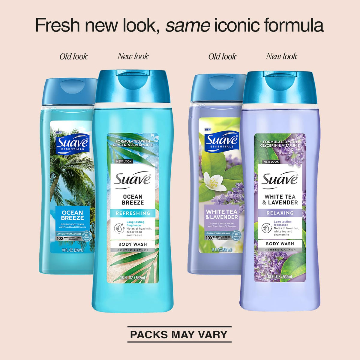 Suave Ocean Breeze being poured to show creamy lather and fresh scent