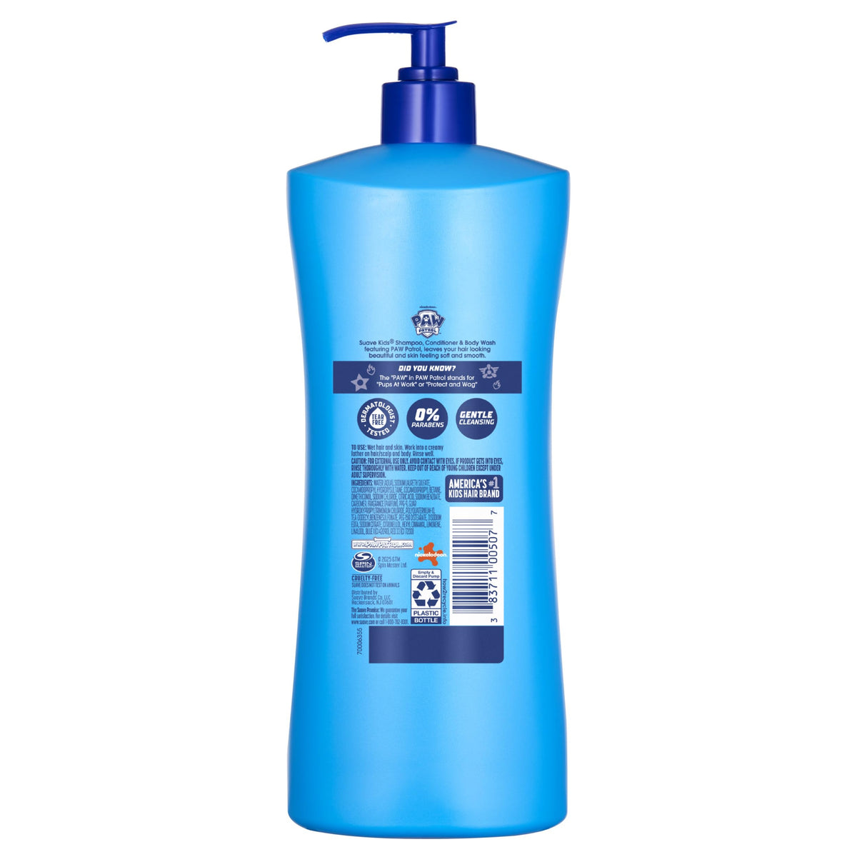 Suave Paw Patrol bottle on bathroom shelf during family bath illustrating kid-friendly fun
