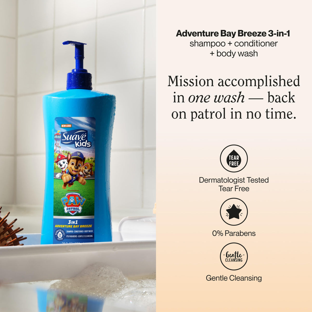 Suave Paw Patrol pump close-up highlighting spill-free dispensing and parental convenience