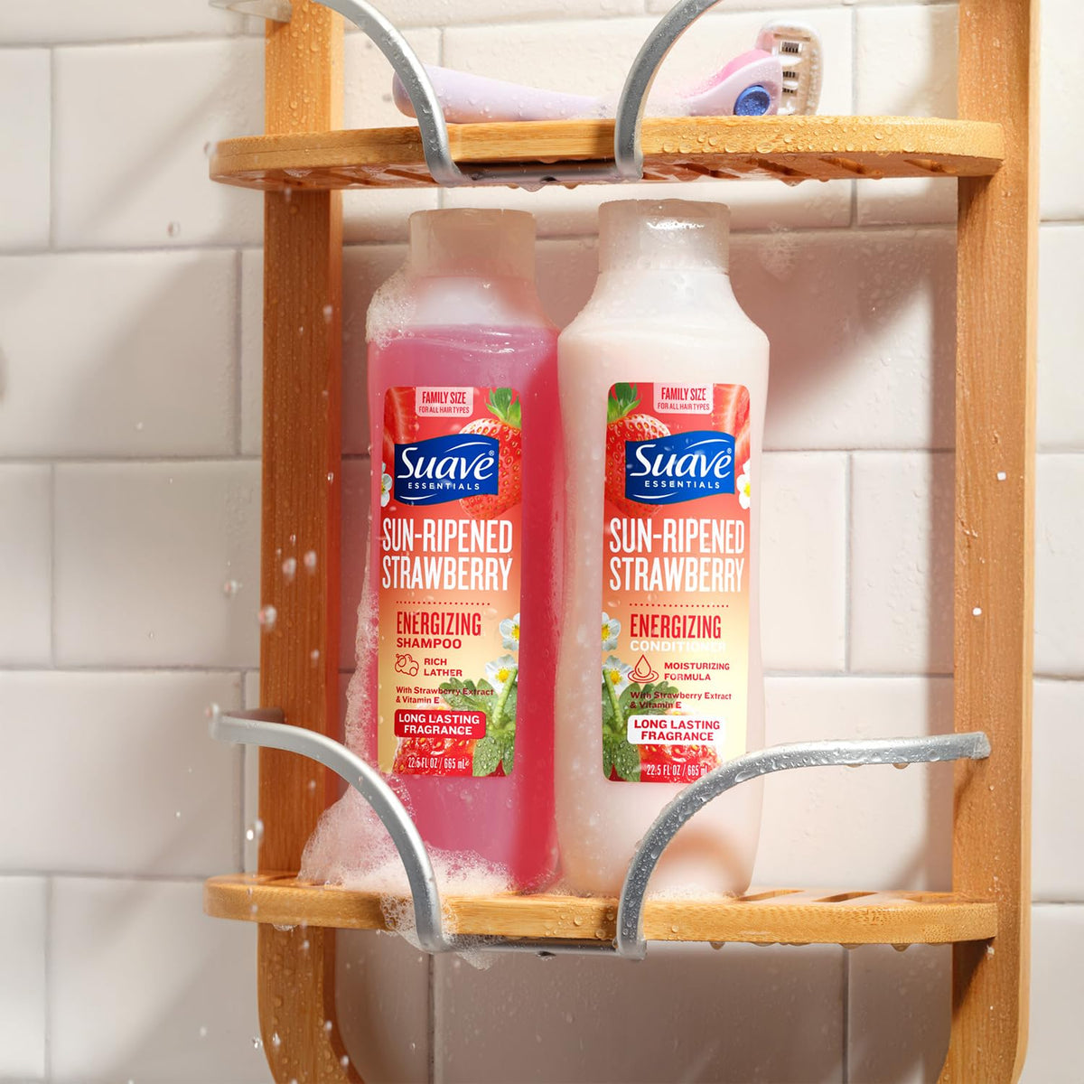 Suave duo staged with strawberries and peaches, conveying bright fragrance appeal