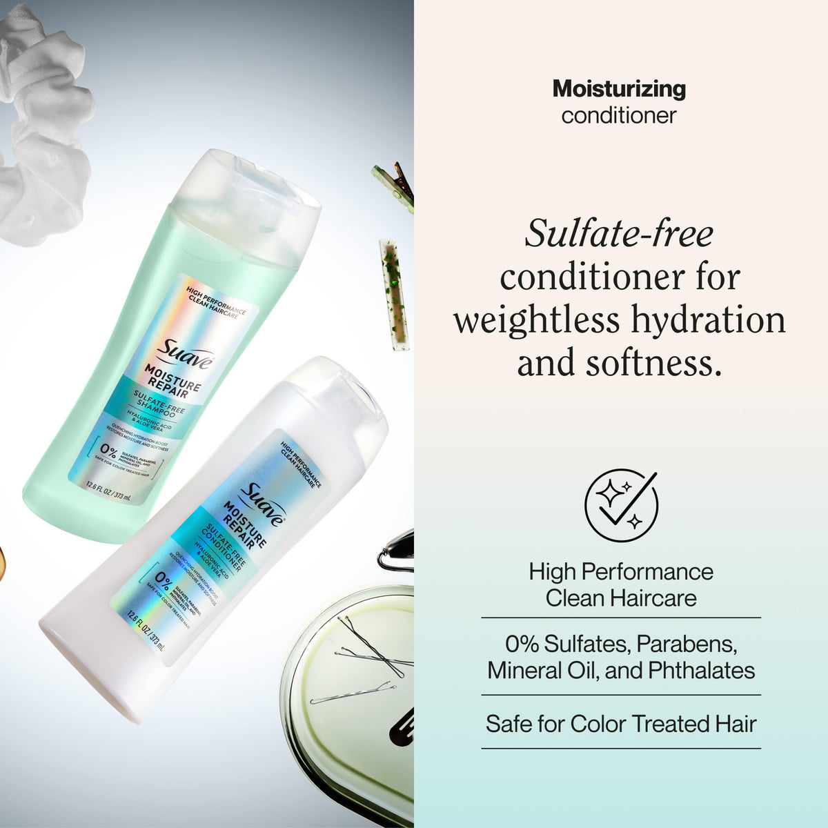 Suave label close-up highlighting product details for quick ingredient clarity
