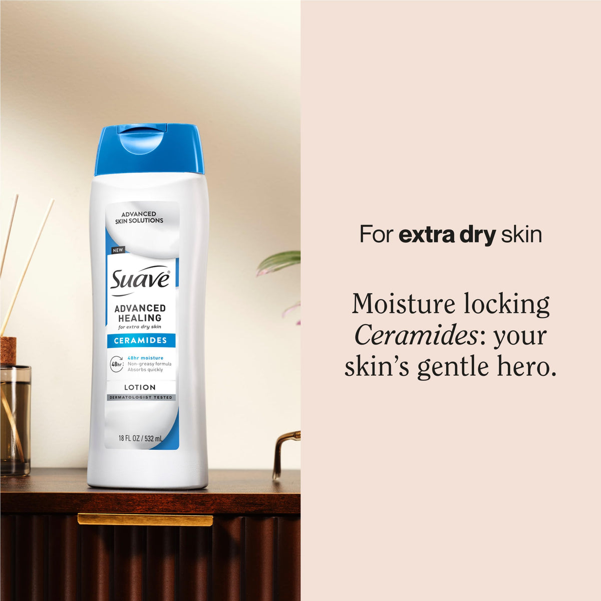 Suave lotion texture dispensed from pump demonstrating fast absorption