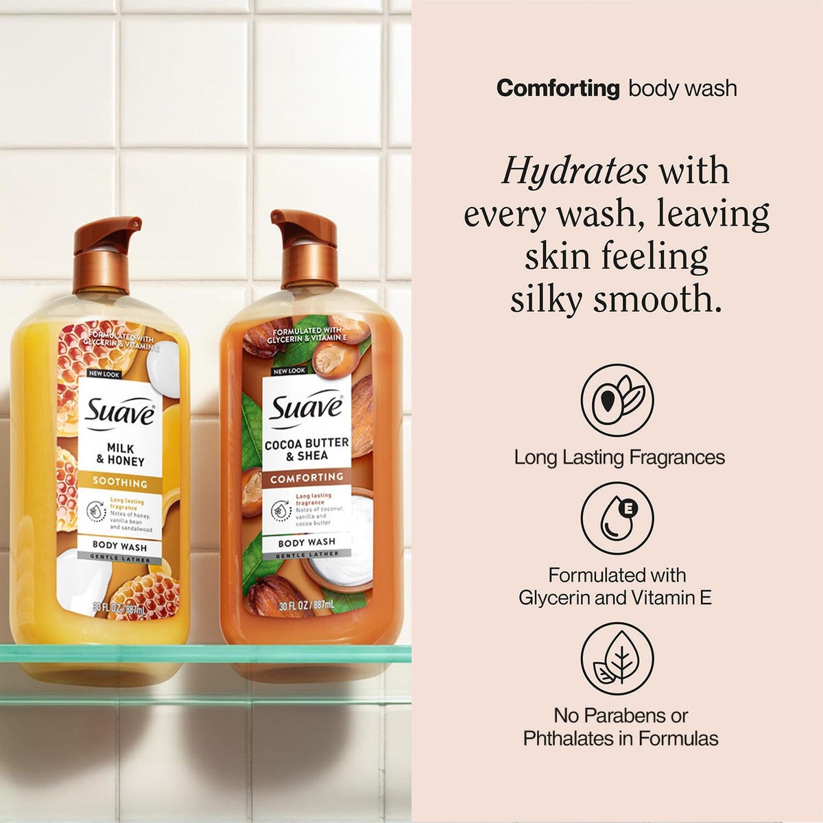 Suave pump dispensing rich lather onto hand for soft skin