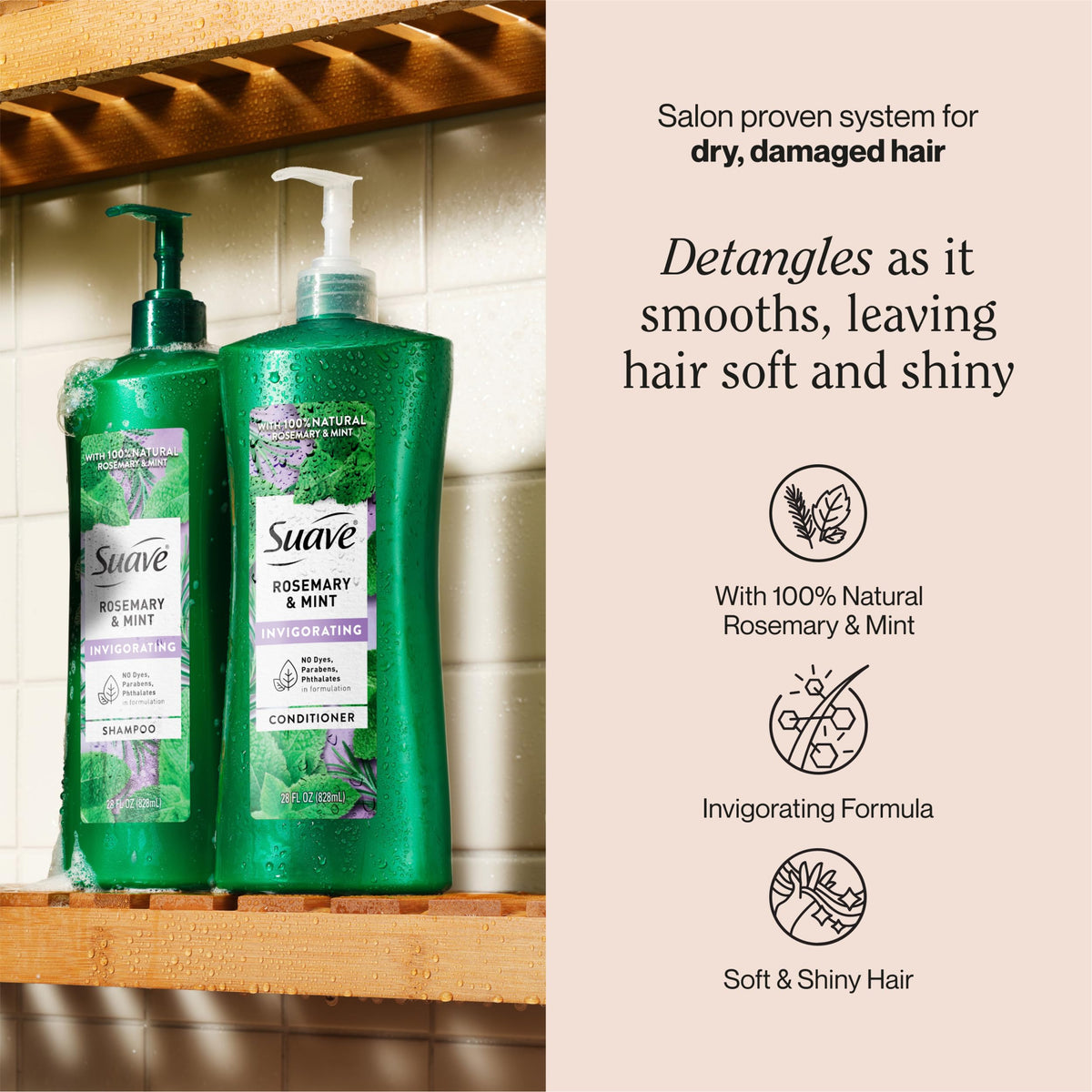 Suave back label ingredients panel highlighting gentle formula and benefits