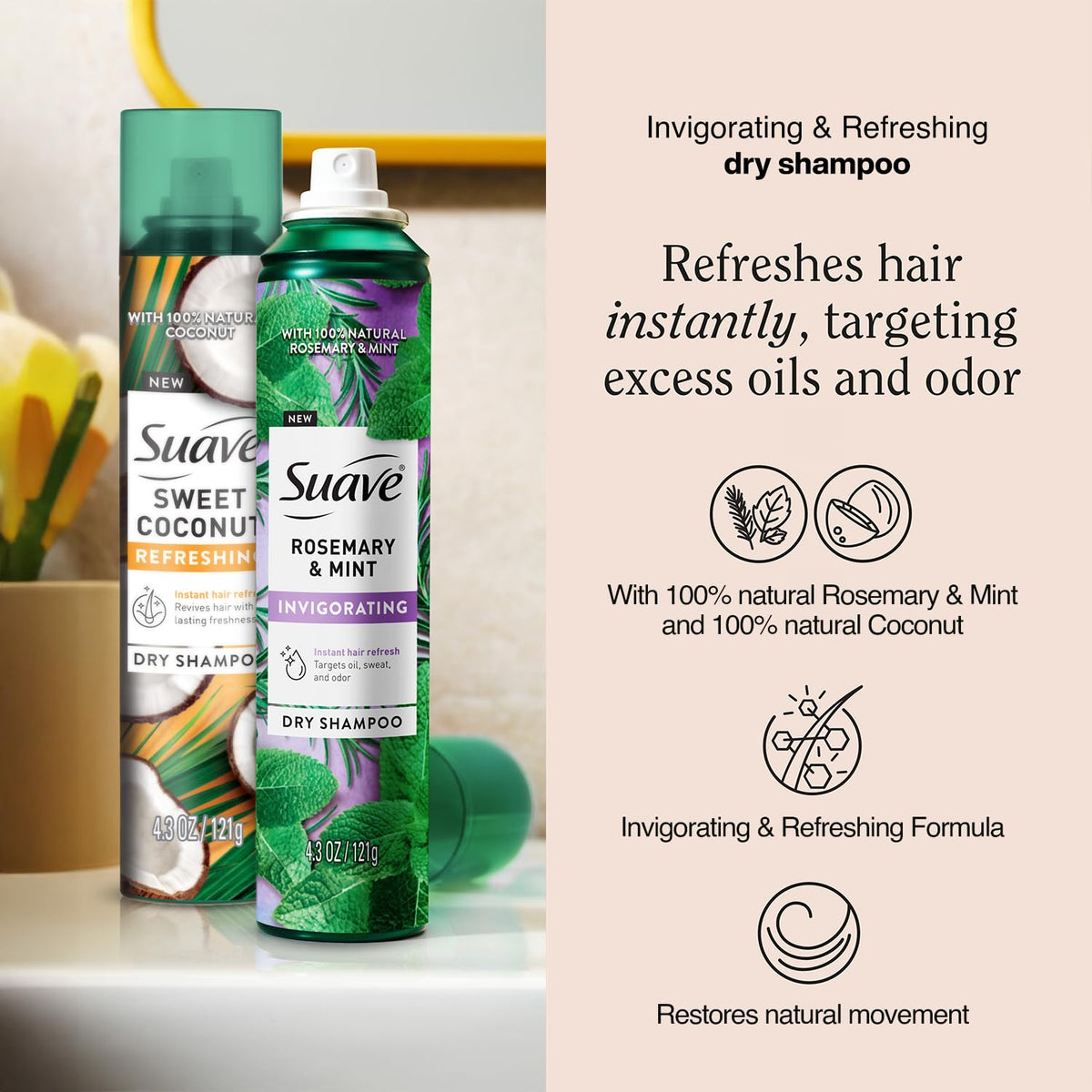 Suave rosemary & mint can close-up highlighting nozzle and label