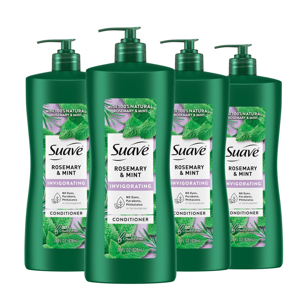 Suave bottle front packaging showing rosemary and mint and nourishing benefit