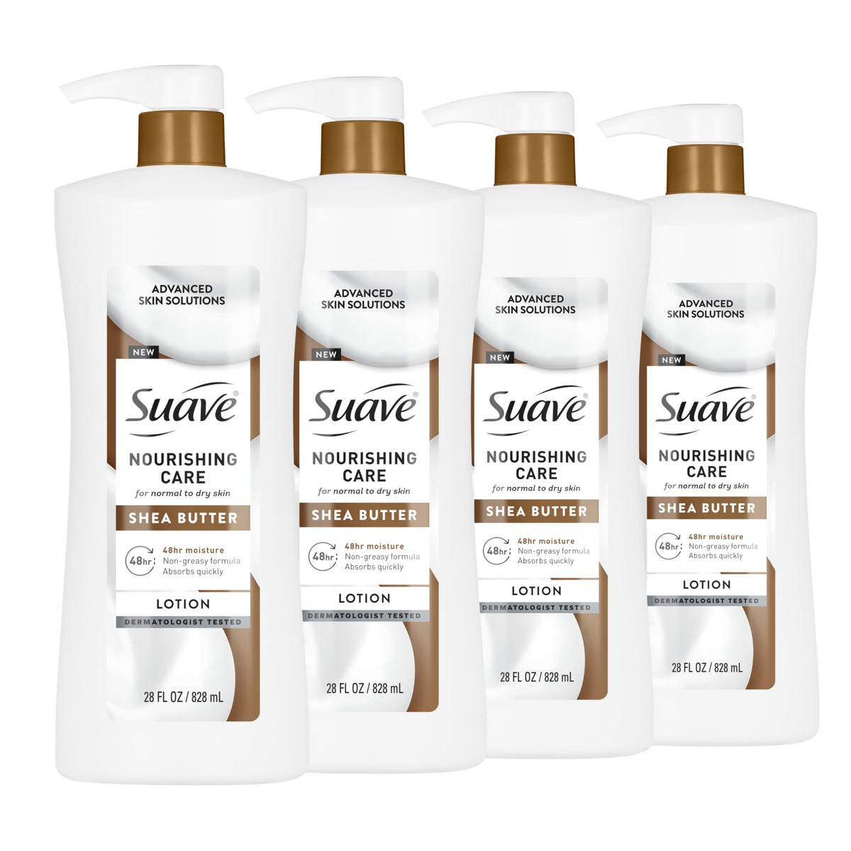 Suave shea butter front packaging showing 28 fl oz bottle and 4 pack convenience