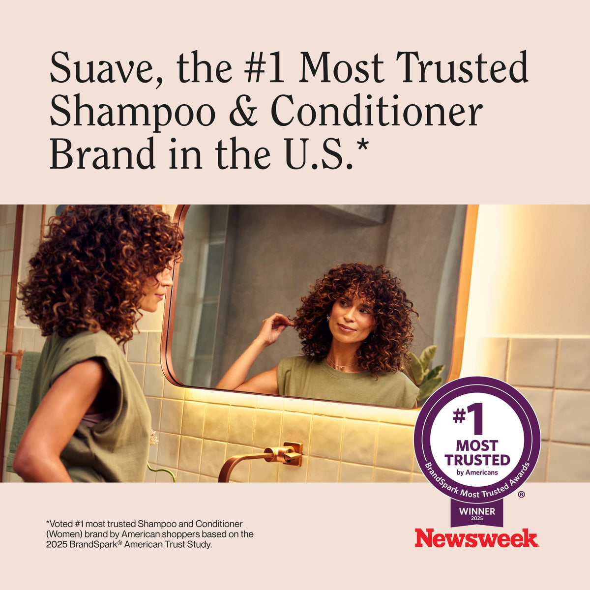Suave bottle beside bathroom vanity to illustrate everyday styling convenience