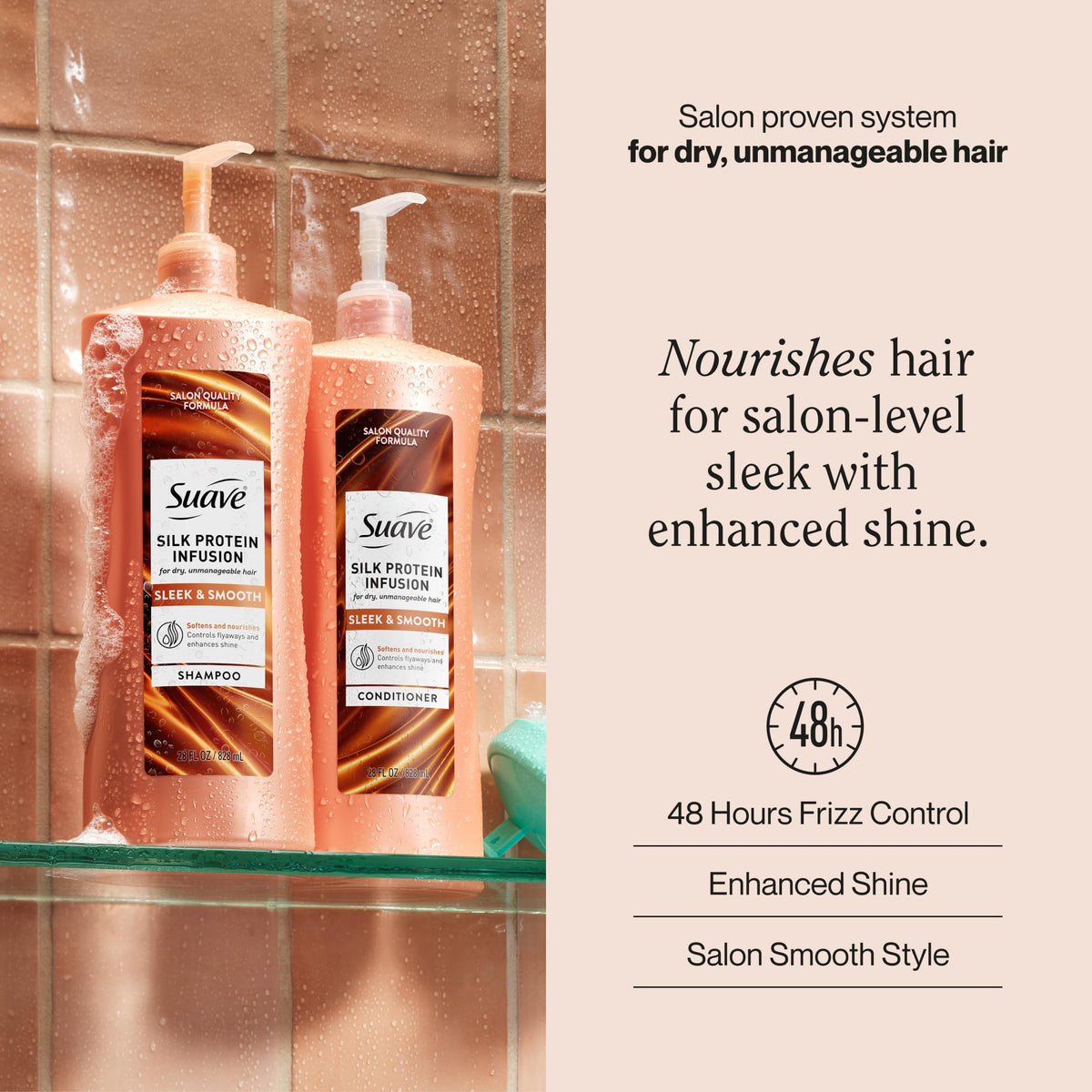 Suave pump dispenser being pressed for easy, mess-free conditioner dosing