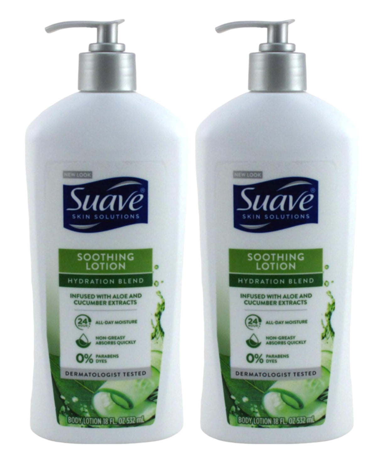 Suave bottle next to a hand for scale showing 18 oz size and family-ready supply benefit