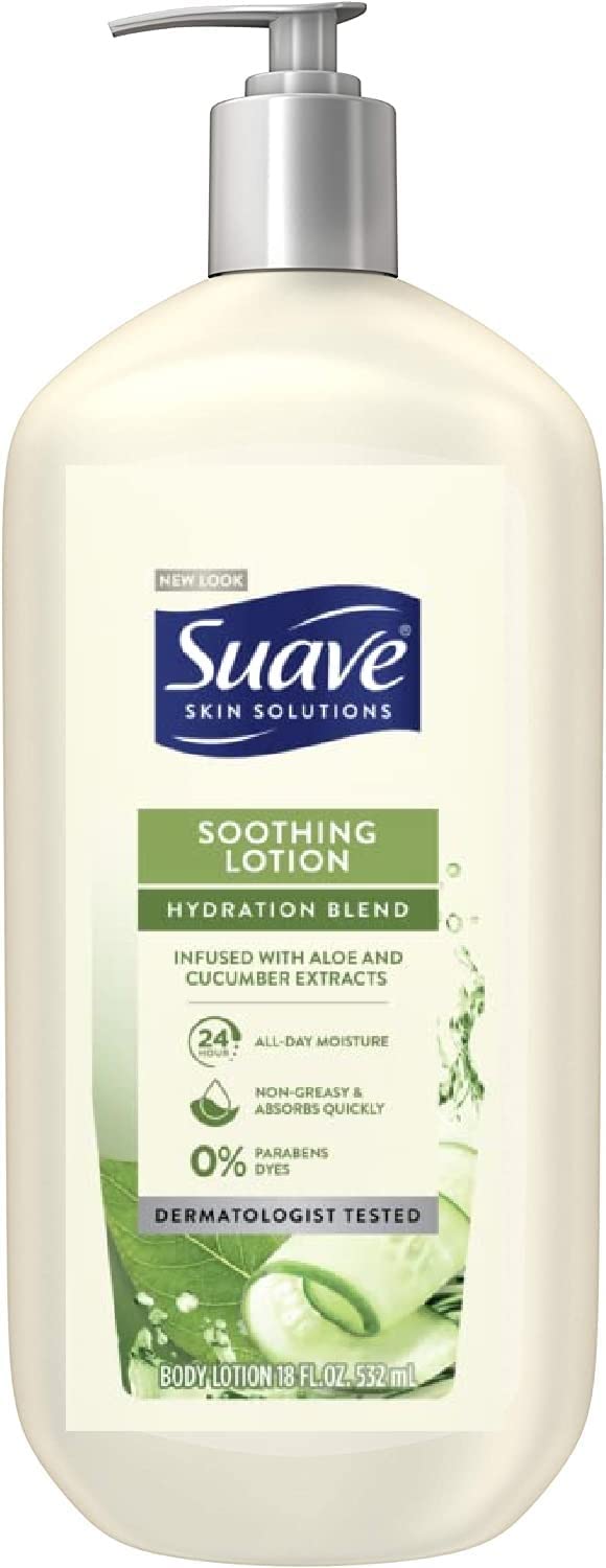 Suave front packaging soothing aloe lotion showing hydration benefit