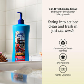 Suave kids Spider-Man pump dispensing product for quick, mess-free bathing